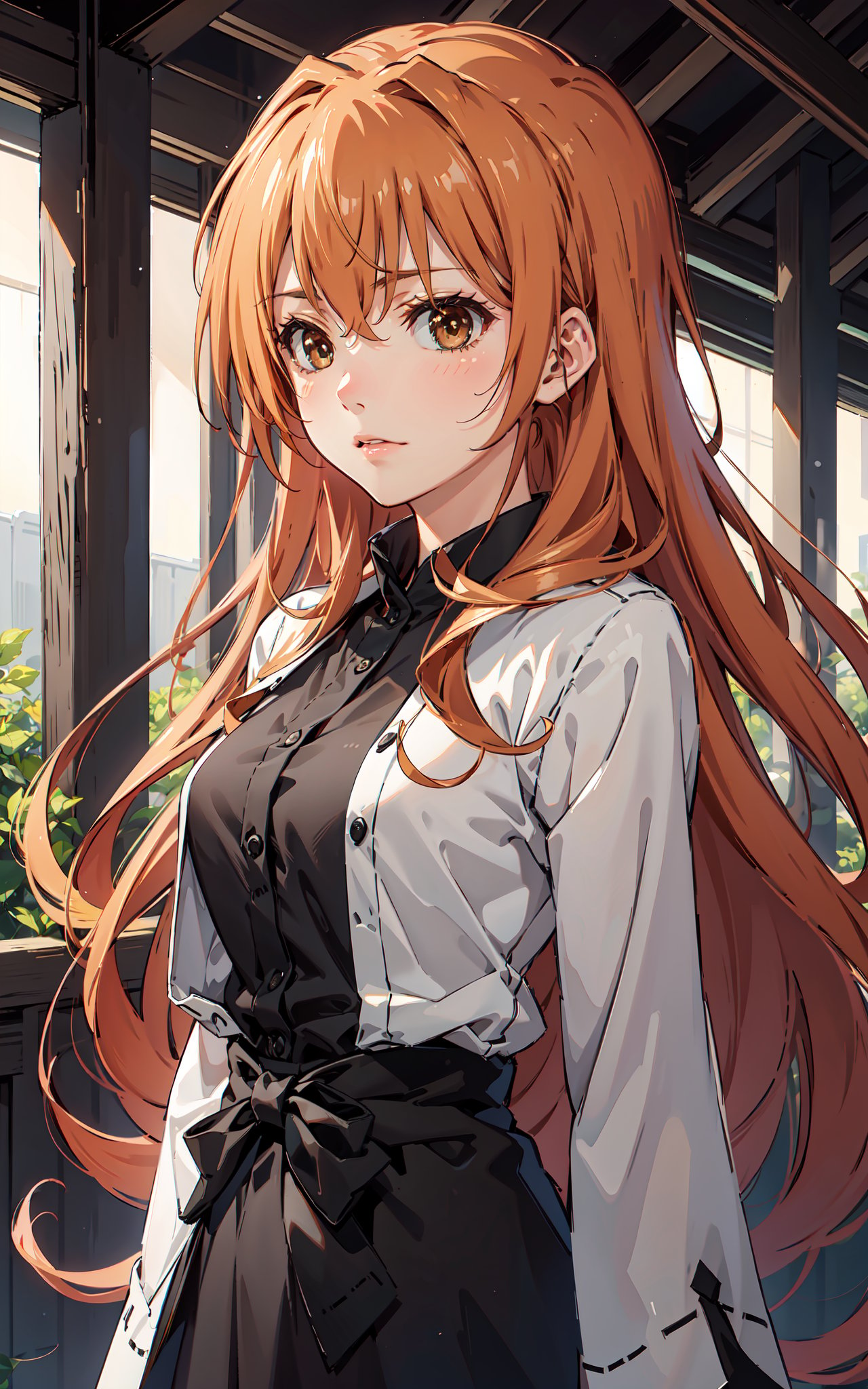 kouko_kaga, dark orange hair, dark eyes, long hair(masterpiece:1.2, best quality), (Soft light), (shiny skin), 1girls, 