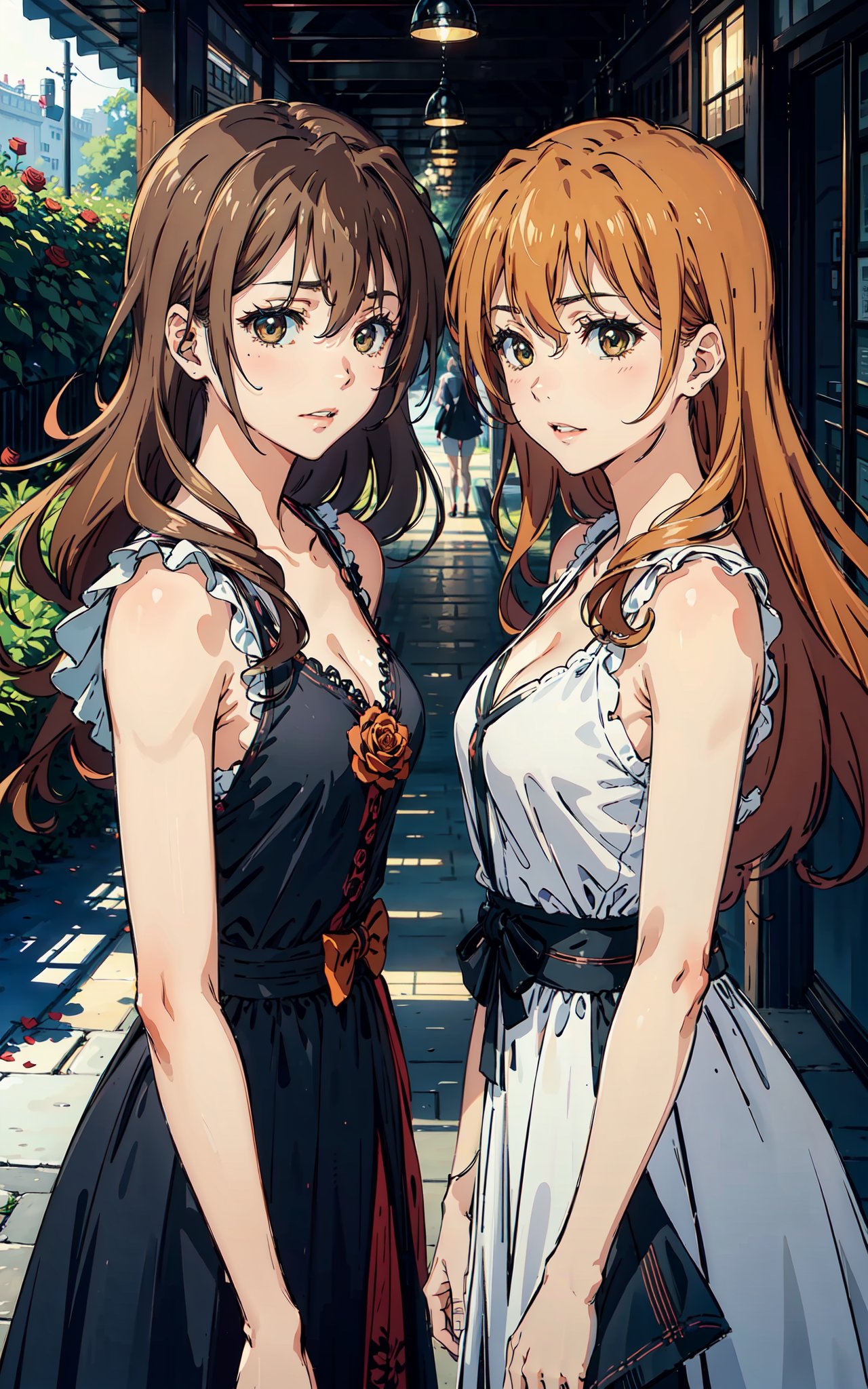 kouko_kaga, dark orange hair, dark eyes, long hair,Drees,roses,(masterpiece:1.2, best quality), (Soft light), (shiny skin), 1girls, 