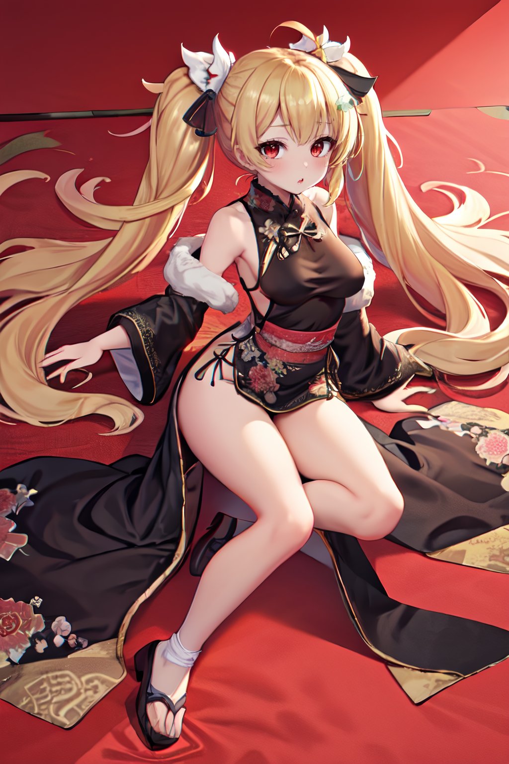 1girl, blond_hair, red_eyes, twin_tails, medium_breasts, chinese_clothes, black_dress, side_boobs, full_body, <lora:EMS-43610-EMS:1.000000>