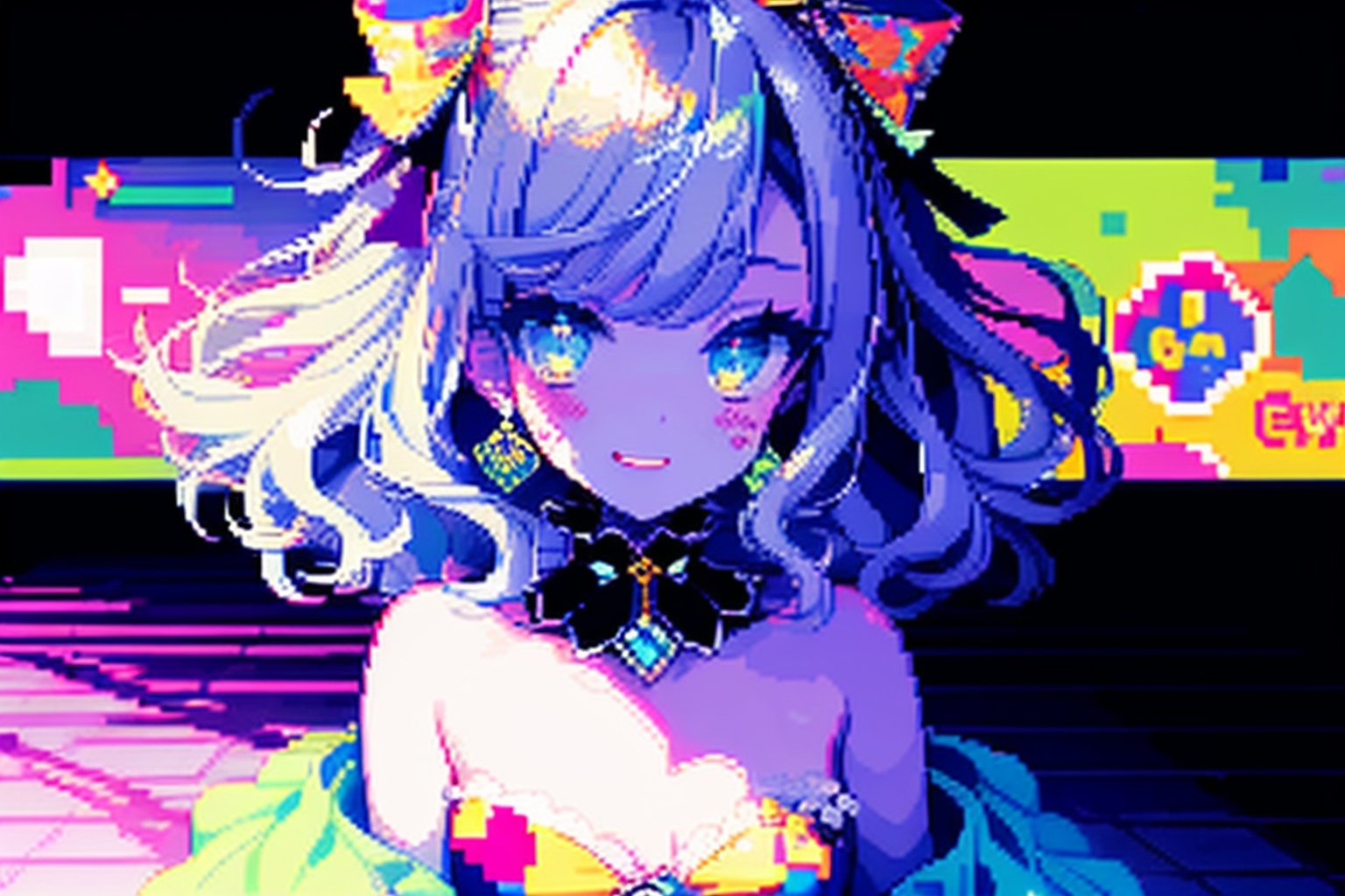 nintendo xsp party girl, in the style of shige's visual aesthetic style, luminous palette, kawacy, mosaic-like, clowncore, cute and colorful, musical academia,pixel art