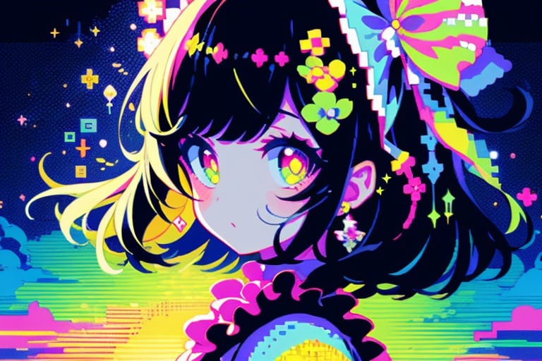 nintendo xsp party girl, in the style of shige's visual aesthetic style, luminous palette, kawacy, mosaic-like, clowncore, cute and colorful, musical academia,pixel art