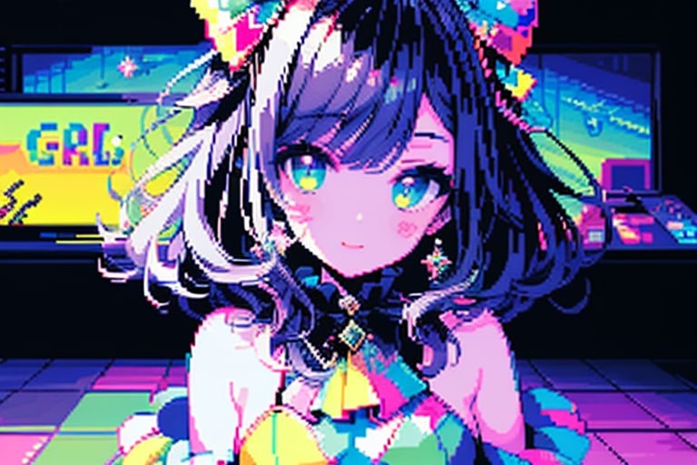 nintendo xsp party girl, in the style of shige's visual aesthetic style, luminous palette, kawacy, mosaic-like, clowncore, cute and colorful, musical academia,pixel art,像素