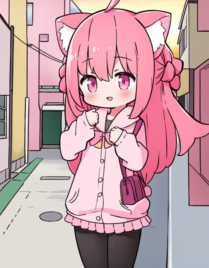 1girl,cat ears,ahoge,happy,sidewalk,pink_hair