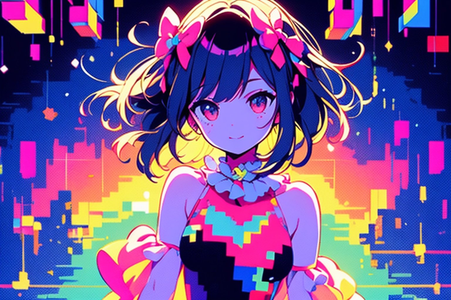 nintendo xsp party girl, in the style of shige's visual aesthetic style, luminous palette, kawacy, mosaic-like, clowncore, cute and colorful, musical academia,pixel art