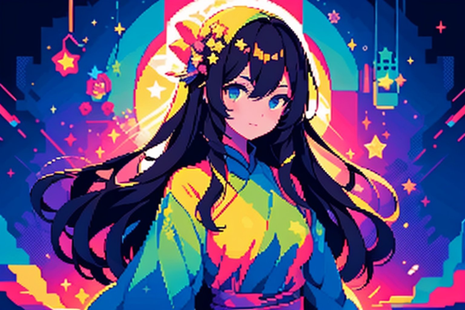 a lady with long hair and stars in her eyes, in the style of pixel art, god rays, anime aesthetic, altarpiece, knightcore, shang dynasty, golden light,pixel art