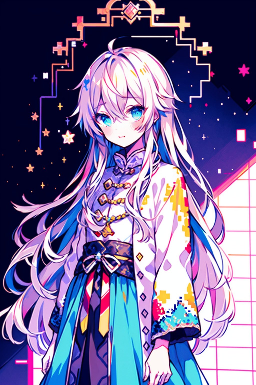 a boy with long hair and stars in her eyes, in the style of pixel art, god rays, anime aesthetic, altarpiece, knightcore, shang dynasty, golden light,pixel art