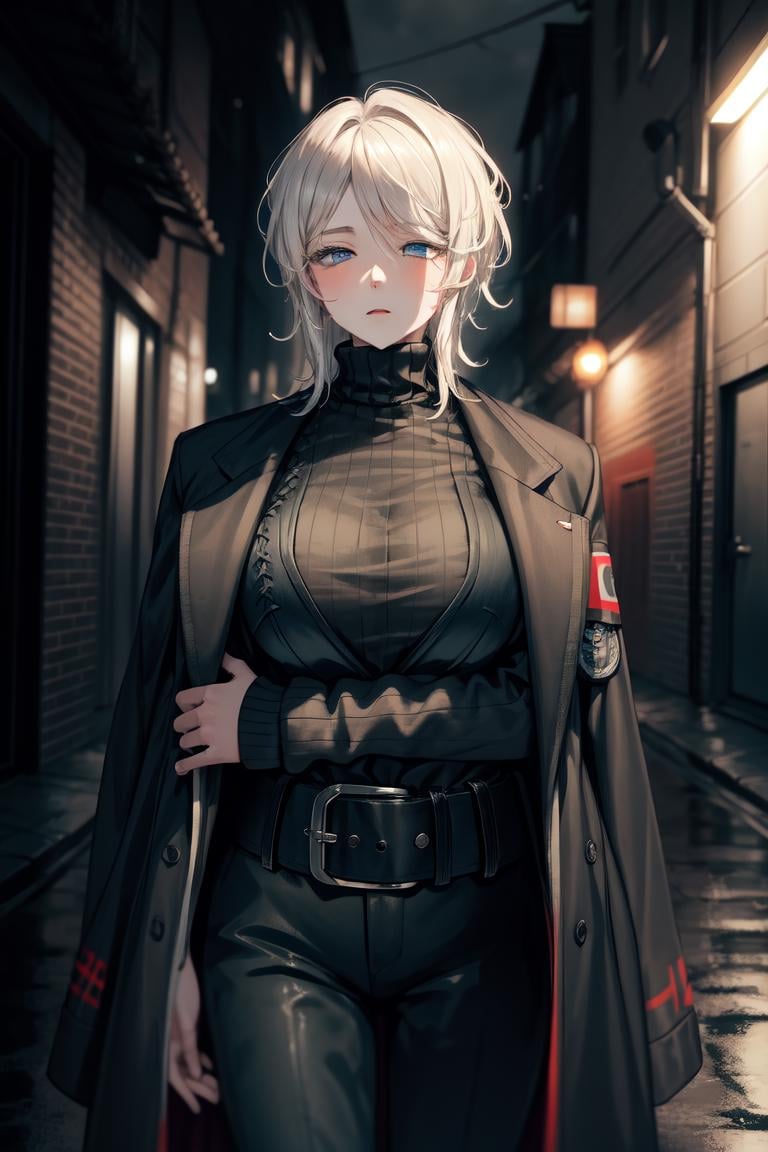 (masterpiece, best quality), illustration, <lora:faustlimbus_v1:1>, faust_limbus, default_outfit, blue eyes, large breasts, 1girl, solo,  black coat, black vest, brown sweater, coat on shoulders, black belt, black pants, alleyway, cowboy shot, night, raining, wet, wet hair, wet clothes, bokeh