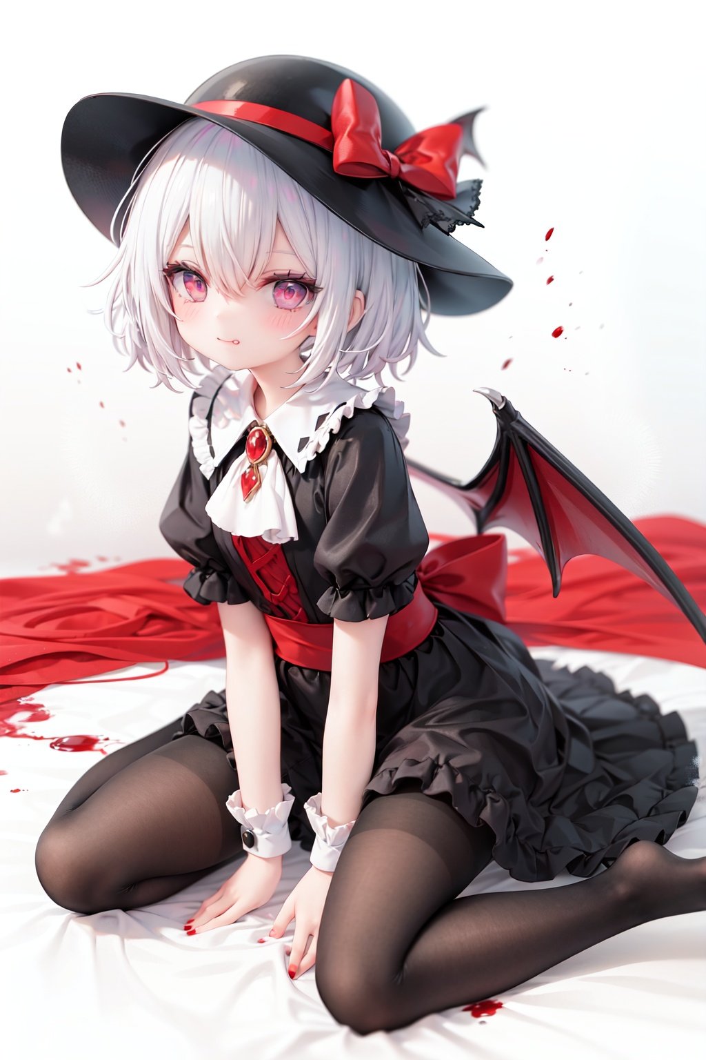 (little girl:1.4), (child:1.4),(petite:1.4), (loli:1.4),,,((solo:1.3)).,1girl, solo, wings, red eyes, hat, remilia scarlet, red background, mob cap, bat wings, ascot, blood, short sleeves, bow, short hair, ribbon, blood on hands, looking at viewer, simple background, full body, puffy sleeves, hat ribbon, blood on face, dress, brooch, red nails, pantyhose, red bow, puffy short sleeves, smile, black pantyhose, wrist cuffs, red ribbon, sitting, jewelry, red ascot, frills, hair between eyes, skirt, white dress, fingernails, sash, shirt, nail polish, no shoes, red theme, sharp fingernails, bangs, tongue, hat bow, grey hair, closed mouth, tongue out, white headwear, slit pupils, blood on clothes, skirt set, hand up, frilled sleeves, invisible chair, white skirt, vampire, frilled shirt collar/.,\nSolo,Battle, {{{{{Slash}}}}},Killing,Attacker,{{Fierce movement}},Ninja,Bloodstain,Core shadow,splatter,{Blood},{{{{Battle scene}}}},angry,Intricate,,{{{Dynamic angle}}},{Stylish pose},{High contrast,Extremely detailed CG unity 8K wallpaper} Sense of movement,blurry background,Kaotic,Lunatic,[[[[[hyper paint, rough design, flat color]]]]],Grin,Whole body,Colorful background,Intricate,Girl wearing black suit,Looking at viewers,{{Stylish}},Persona 5 style art,{{{all out attack(persona 5)}}}