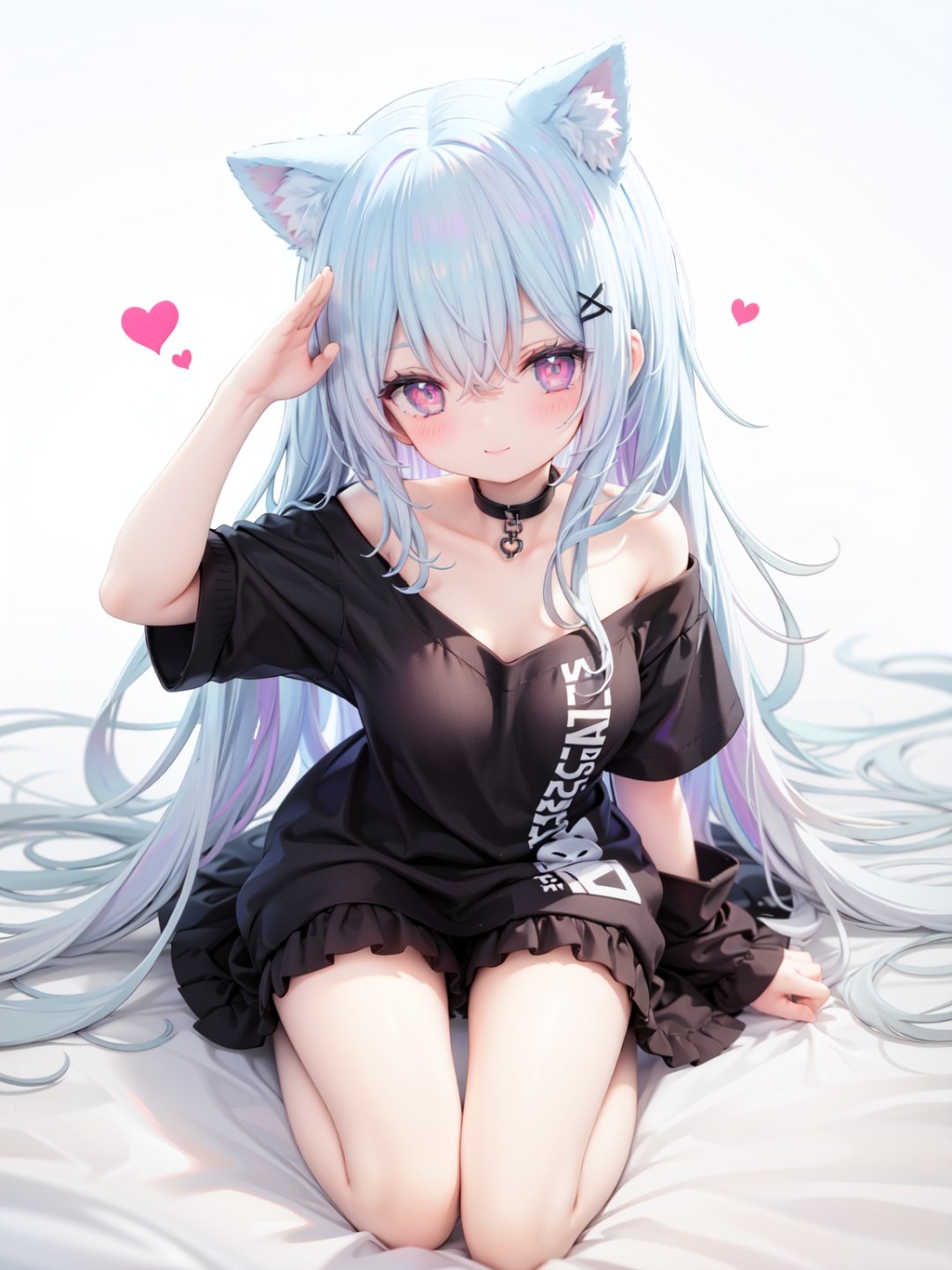 petite, loli, solo, animal ears, heart, puffy short sleeves, blue hair, long hair, off shoulder, bangs, hair ornament, gradient background,rainbow gradient, x hair ornament, animal ear fluff, looking at viewer, very long hair, blush, smile, cat ears, bare shoulders, collarbone, hand up, gradient sweater, hair between eyes, symbol-shaped pupils, arm up, heart-shaped pupils, hairclip, medium breasts, salute, bare legs,full body