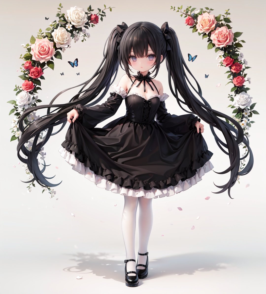 masterpiece, ((best quality)),  dynamic angle, chromatic aberration, ((colorful)),1girl, solo, black hair, long hair, dress, butterfly, bug, twintails, black footwear, lolita fashion, very long hair, pantyhose, black dress, long sleeves, bow, full body, bangs, flower, puffy sleeves, standing on one leg, shoes, white pantyhose, hair bow, looking at viewer, grey eyes, frills, standing, gothic lolita, blush, juliet sleeves, black bow, frilled dress, white flower, rose, closed mouth, skirt hold, petals, wide sleeves, mary janes, white rose