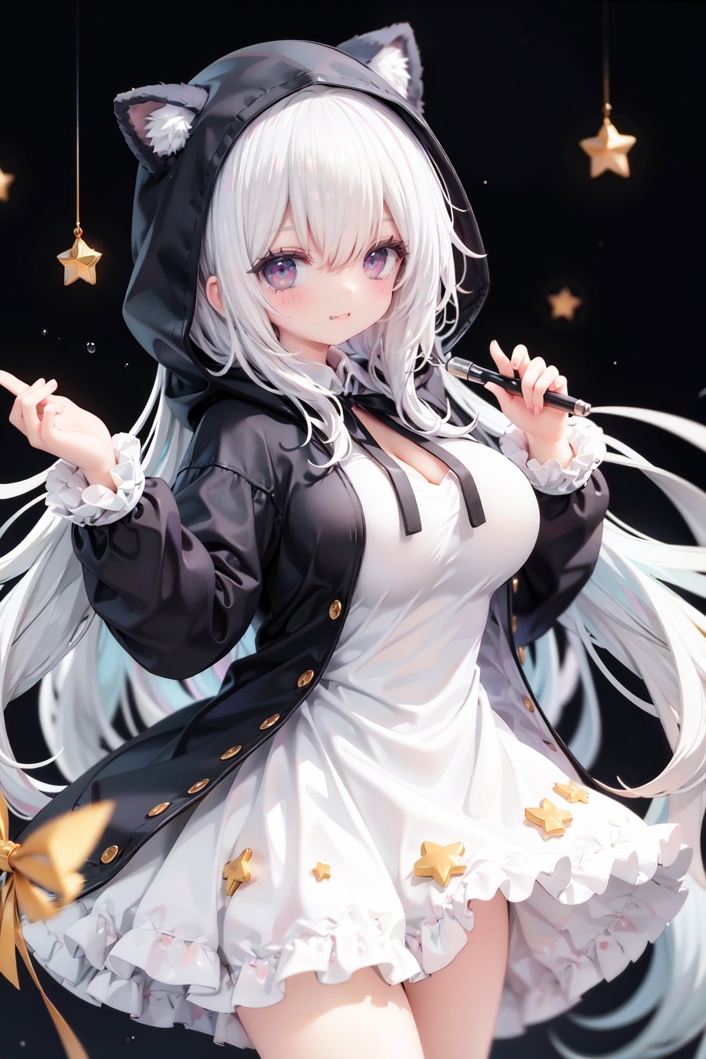 masterpiece, ((best quality)),  dynamic angle, chromatic aberration, ((colorful)),1girl, solo, hood, animal hood, breasts, frills, smile, hood up, yellow eyes, capelet, hair between eyes, blush, dress, long sleeves, looking at viewer, animal ears, large breasts, black ribbon, bangs, puffy long sleeves, :d, frilled dress, hand up, open mouth, white dress, puffy sleeves, hooded capelet, virtual *******r, frilled capelet, fang, white capelet, star (symbol)