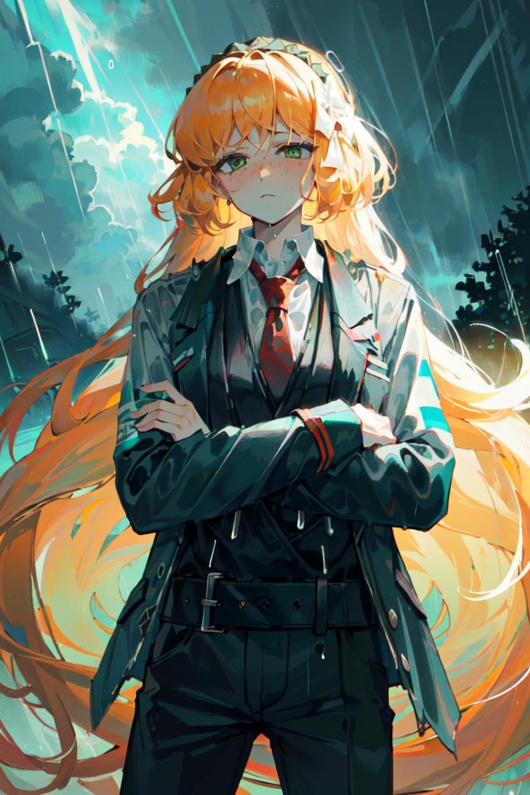 (masterpiece, best quality), illustration, ((rain, dark sky, storm, raining:1.5)), <lora:ishmaellimbus-000030:1>,  ishmael_limbus, (default_outfit, red necktie, black vest), ((close-up)), ((frown, crossed arms))