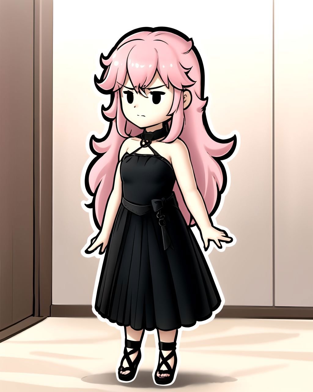 pink hair, long hair, black eyes, serious, black dress, strapless dress, short dress, sleeveless, <lora:PaperMario:0.7>, chibi