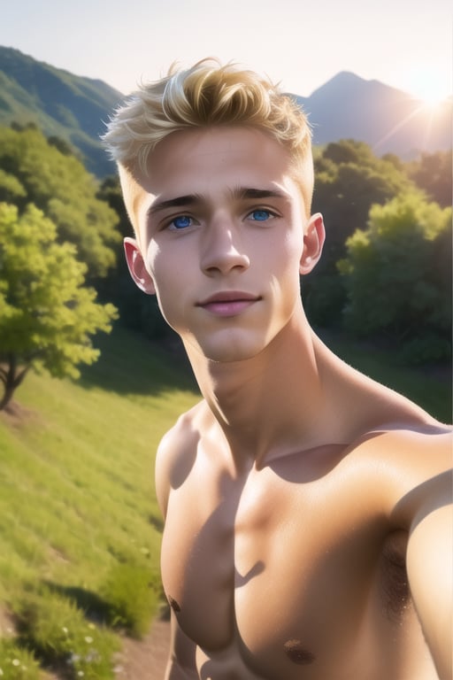 (selfie: 1.4), (looking at finder), full body, a teenage boy, morning, outdoor, sunshine, armpits, sharp focus, detailed background, (Caucasian:1.5), shirtless, white skin, (blonde hair:1.5), short hair, blue eyes, male_only, add noise, sharp skin, (masterpiece), (photorealistic: 1.3), ultra-detailed, (fine skin detail: 1.2), (best: 1.0), (super fine: 1.0) , (best quality:1.4), (ultra highres:1.2),(8k, RAW photo:1.2),male,handsome,Movie Still,Cinematic,Cinematic Lighting,Film Still,Cinematic Shot,