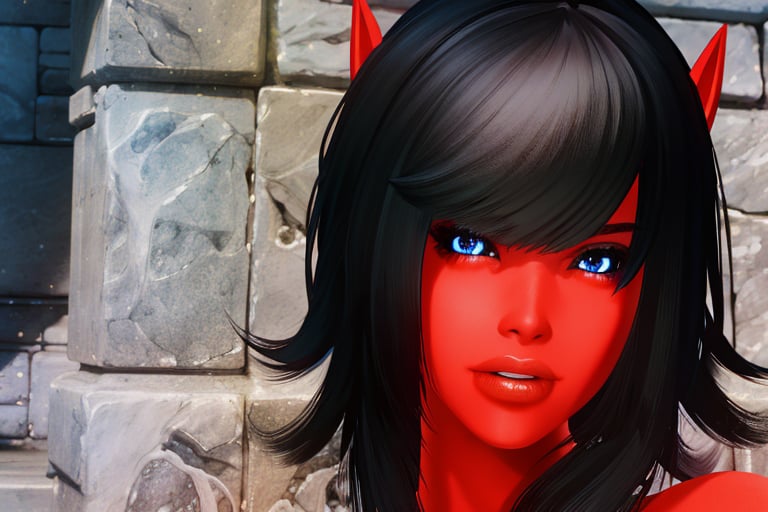 1 girl, red skin, blue eyes,, black hair, 