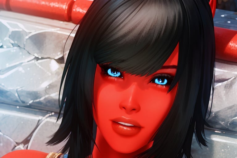 1 girl, red skin, blue eyes,, black hair, 