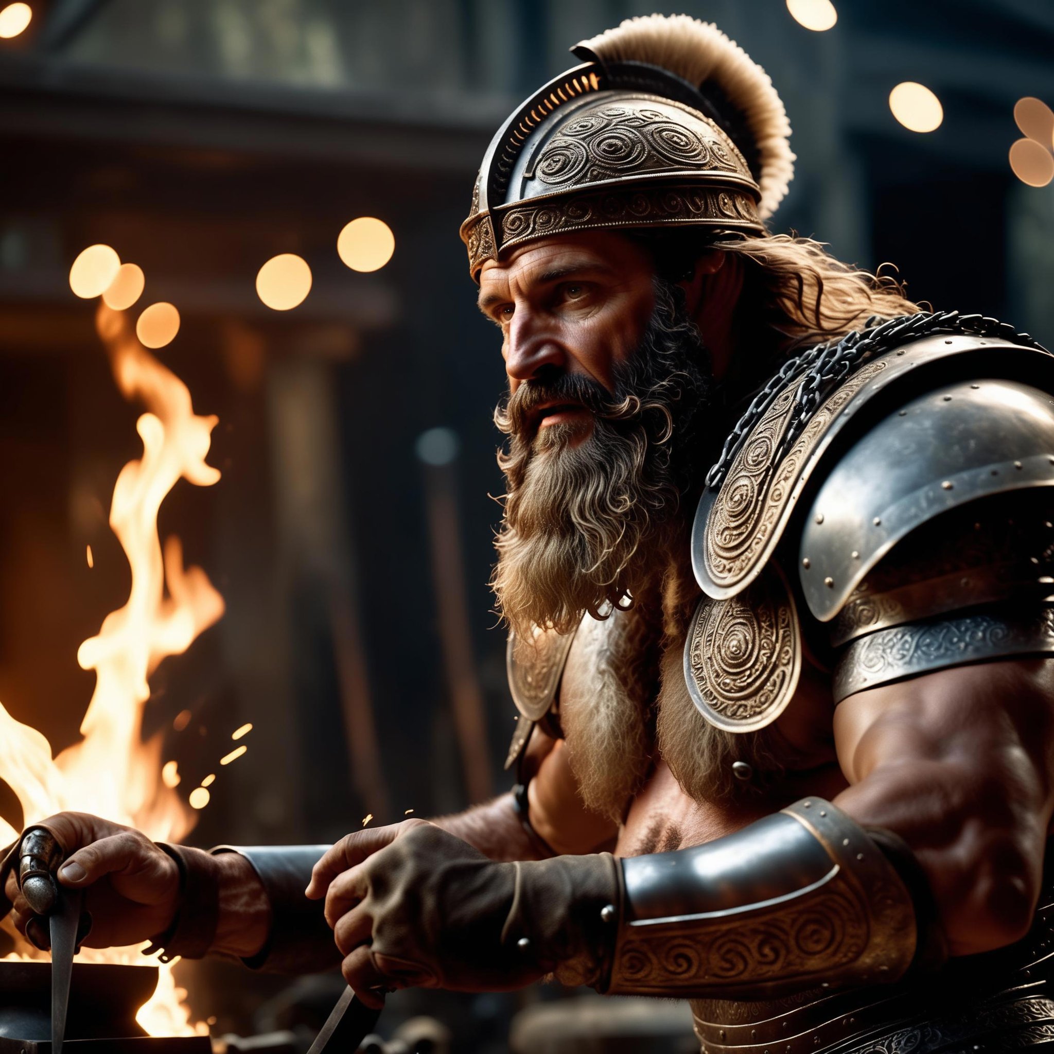 cinematic film still cinematic photo Awardwinning epic cinestil from hephaistos doing blacksmith work, flying sparks, anvil, amazing details, long beard, ornamental greek armor, wrathful eyes, dark lighting, dark shadows, (creating colossus, robot), best quality, amazing details, masterpiece, 35mm photograph, film, bokeh, professional, 4k, highly detailed . shallow depth of field, vignette, highly detailed, high budget, bokeh, cinemascope, moody, epic, gorgeous, film grain, grainy