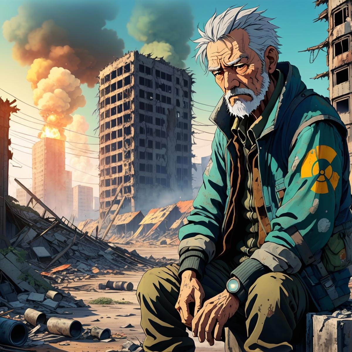 anime artwork ((drawing:1.5)), 2D, sad old man in a post apocalyptic destroyed city after nuclear blast, newdawn, closeup . anime style, key visual, vibrant, studio anime,  highly detailed