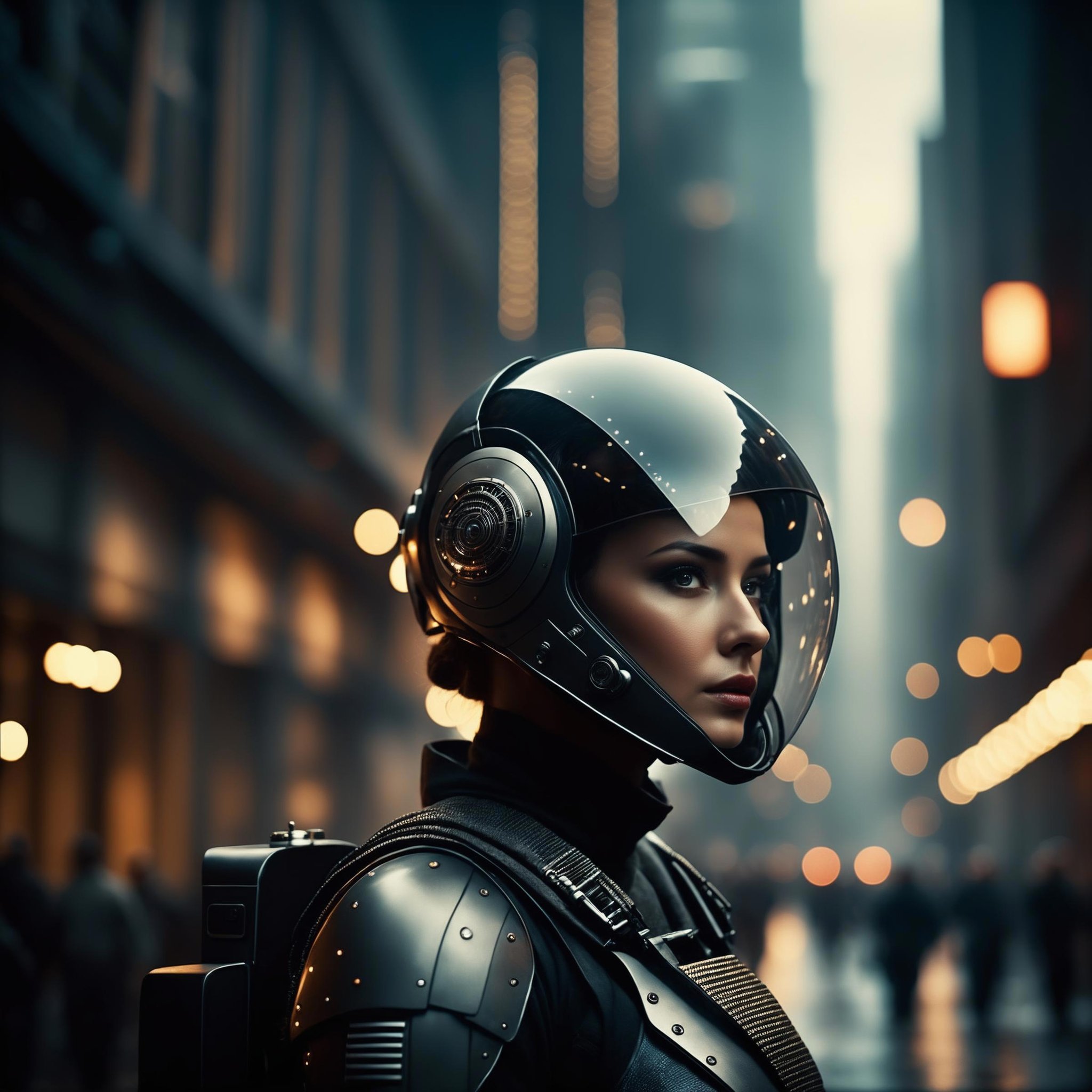 cinematic film still, a city, a dystopian future, year 3000, sci fi, amazing details, dark atmosphere, shallow depth of field, vignette, highly detailed, high budget, bokeh, cinemascope, moody, epic, gorgeous, film