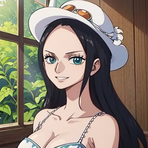 masterpiece, best quality, highest quality, 4k, ((ultra detailed background, delicate pattern, intricate detail)), (highly detailed, fine details), beautiful lighting, 1girl, teeth, blue eyes, black hair, long hair, cowboy hat, closed mouth, smile, sunglasses, eyewear on head, collarbone, portrait, breasts, large breasts, cleavage, looking at viewer, solo, upper body,(complex detailed background, inside, room environment, wooden walls, window, light rays), nico robin,  <lora:Nico_Robin_Diffusion100-09:0.8>