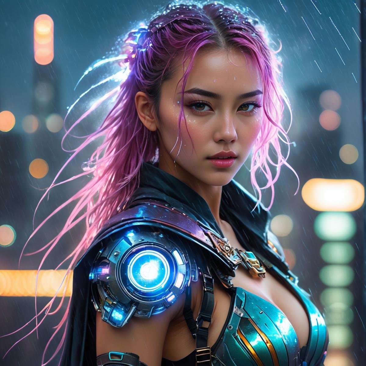 a young woman, ((wizard outfit)), epic scene, dynamic camera, backlight, (close up:1.2), high quality, cyberpunk, in heavy raining futuristic tokyo rooftop cyberpunk night, sci-fi, fantasy, intricate, very very beautiful, elegant, neon light, highly detailed, digital painting, artstation, concept art, soft light, hdri, smooth, sharp focus, illustration