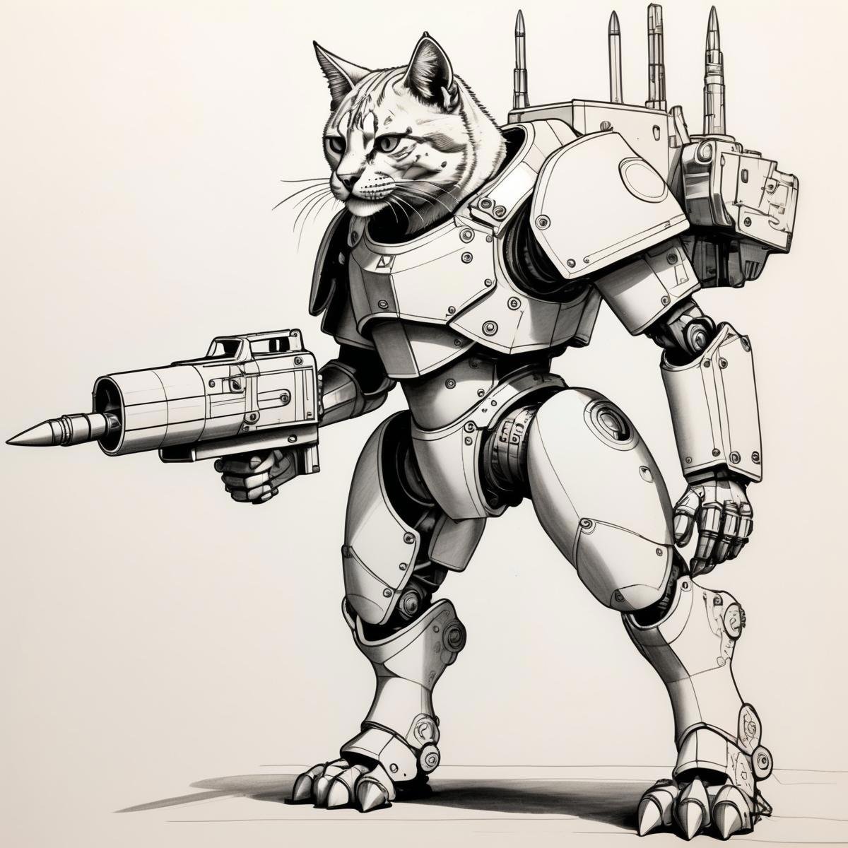 shemetric drawing of a ikea battle cat, sharp edges, mounted rocket launcher, armor