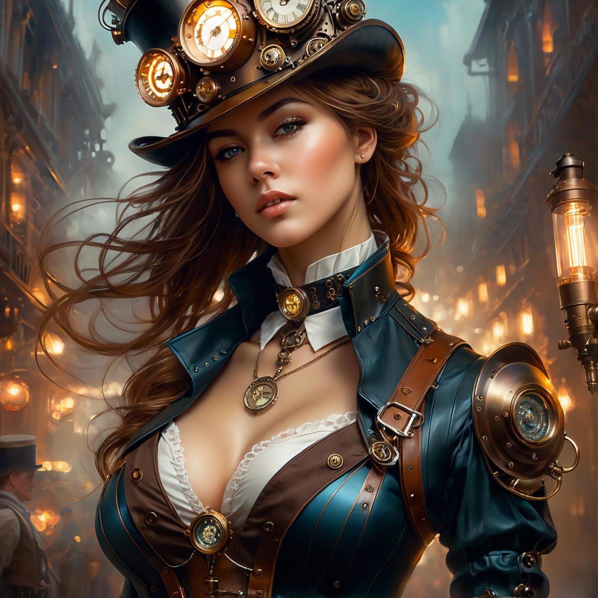 Long exposure photo of woman, steampunk, 20 years old,  amazing details, masterpiece , best quality, intricate, elegant, highly detailed, digital painting, artstation, concept art, smooth, sharp focus, illustration, art by wlop, charlie bowater and alexandra fomina . Blurred motion, streaks of light, surreal, dreamy, ghosting effect, highly detailed