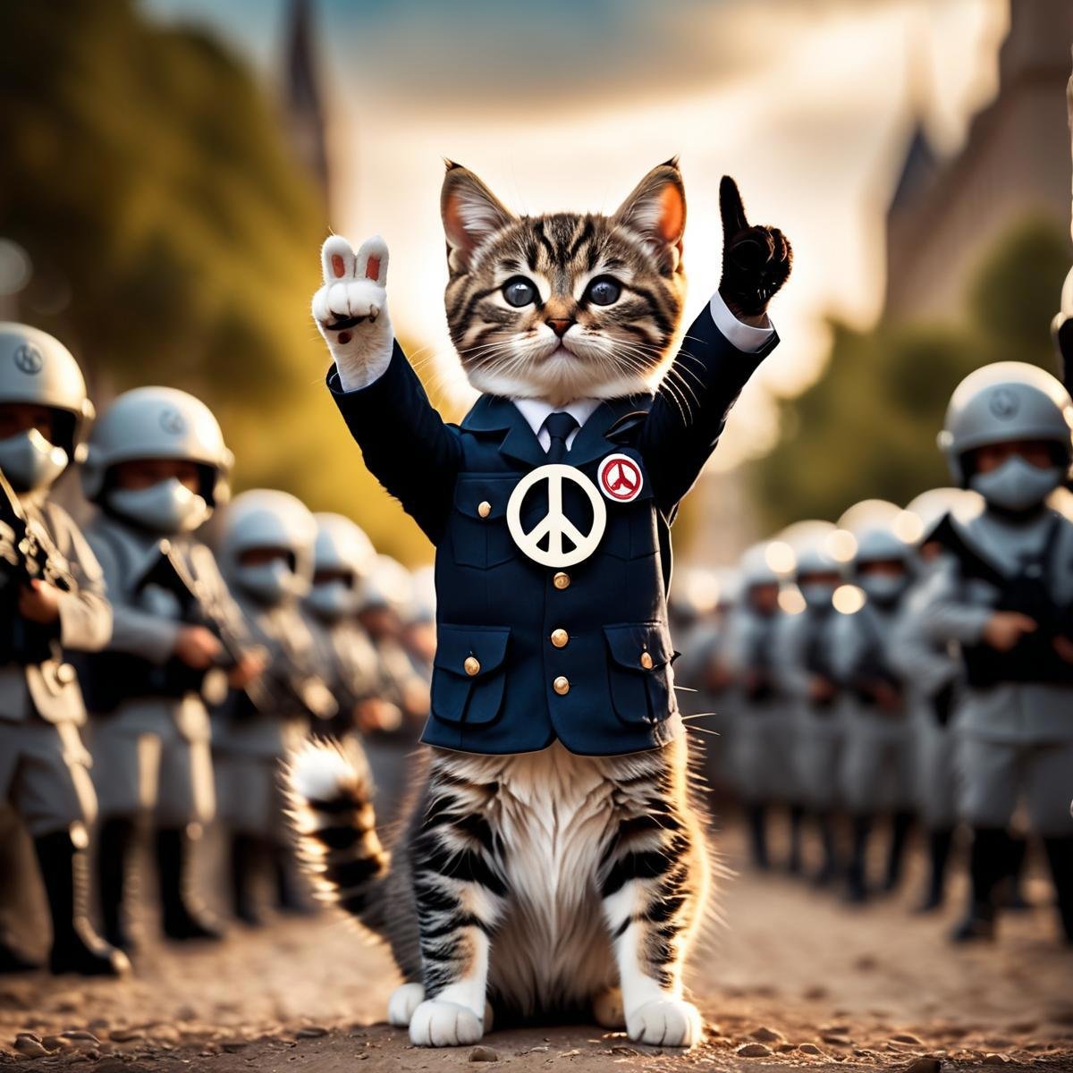 cinematic film still a cat rally, protesting against war, holding a peace sign . shallow depth of field, vignette, highly detailed, high budget, bokeh, cinemascope, moody, epic, gorgeous, film grain, grainy