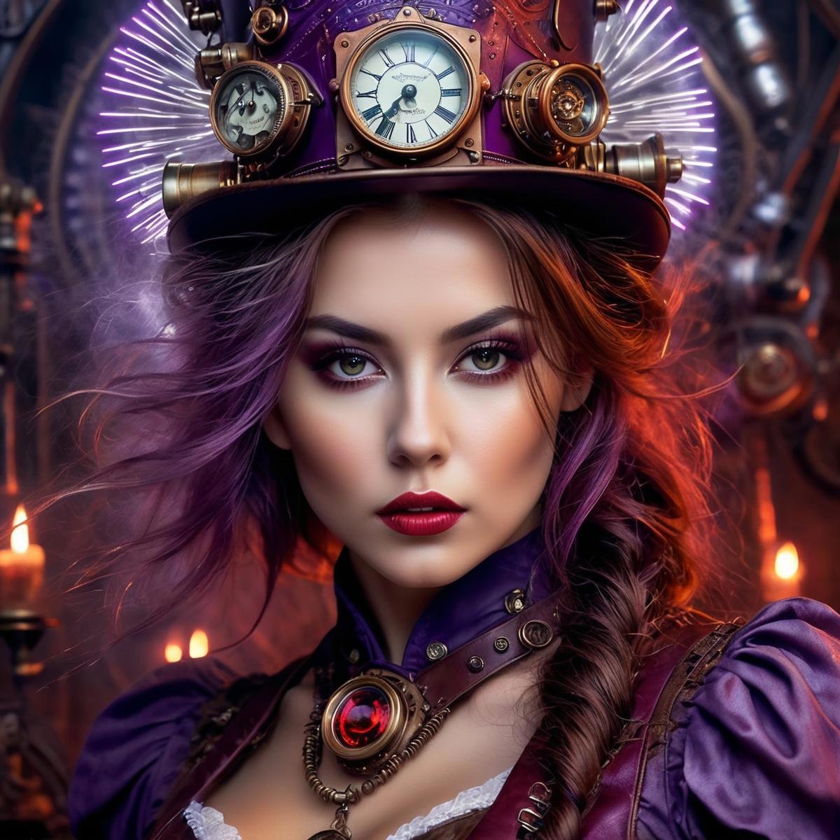 Long exposure photo of woman, steampunk, 20 years old,  amazing details, masterpiece , best quality, dark  themed background. very dark and scary horror vibes. hyper intricate details. purple, red, white colors. hyperrealistic artwork style. scary horror metal music vibe. godrays, gorgeous, amazing, intricate, highly detailed, digital painting, artstation . Blurred motion, streaks of light, surreal, dreamy, ghosting effect, highly detailed