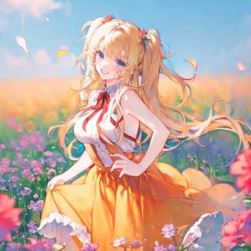 <lora:PinturaColor:1> 1 girl, blonde hair, blue eyes, orange dress, sleeveless, big breasts, hips, 2 pigtails, long hair, smile, running in a field of flowers, blue sky