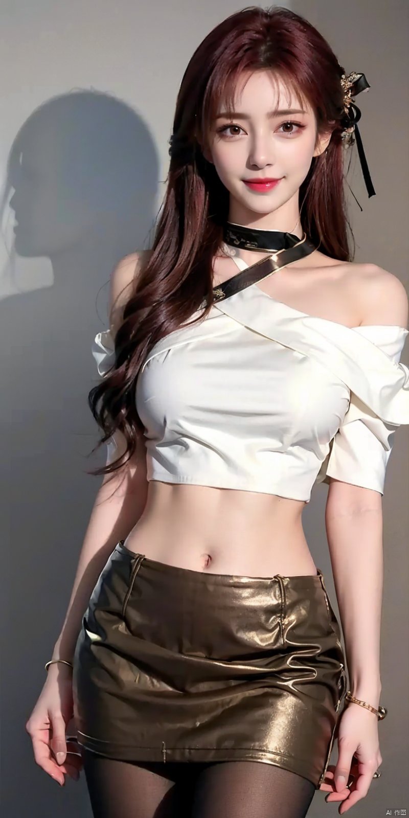  nai3, 1girl, solo, crop top, choker, miniskirt , navel, shirt, midriff, crop top overhang, looking at viewer, white shirt, jewelry, breasts, cowboy shot, bare shoulders, off-shoulder shirt, off shoulder, black choker, thighs, stomach, hand on own thigh, long hair, bracelet, short sleeves, ribbon, hand up, collarbone, hair ribbon, medium breasts, standing, , , bra strap, kind smile, hair ornament, thigh gap, bangs, necklace, expressionless,,kind smile , , blackpantyhose, , Dynamic pose,, yafei,red hair