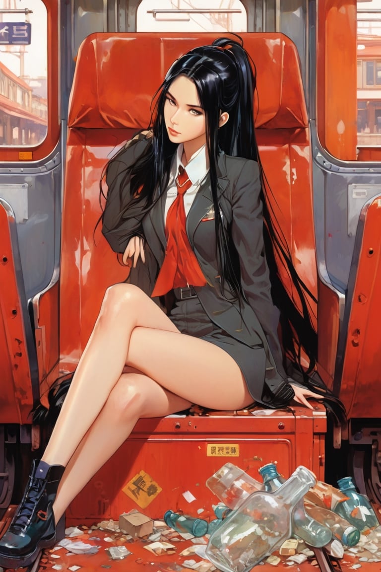 anime artwork, liona-xl woman, very long black hair, sitting on train, red interior, rust, garbage on the floor, broken bottles, art by J.C. Leyendecker . anime style, key visual, vibrant, studio anime, highly detailed