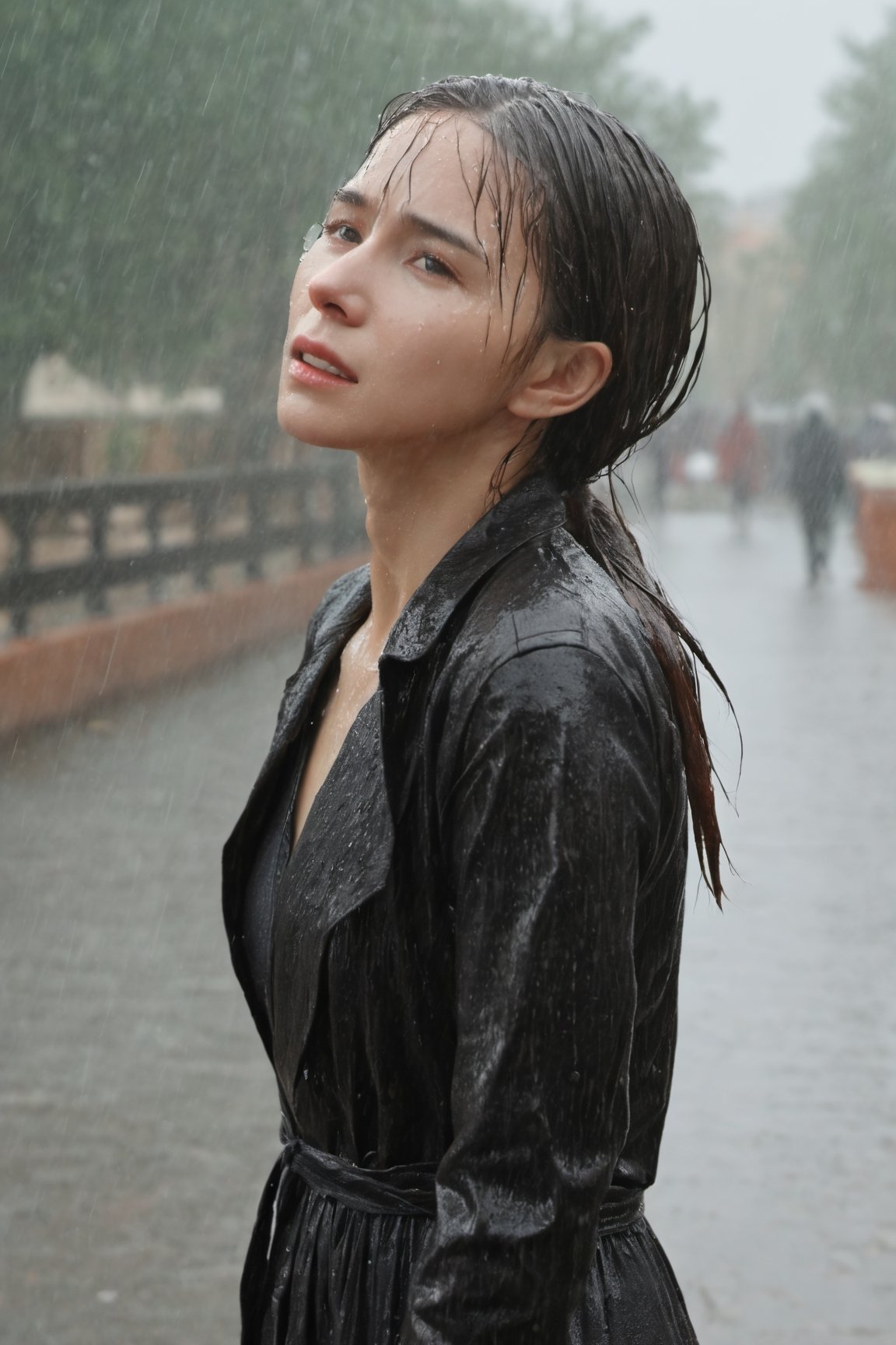 liona-xl woman, cry, tear,  (wet clothes),  feeling sad, stands in the rain, her tears mingling with the falling raindrops, masterpiece ,best quality, raw photo, detailed, Highest quality, portrait