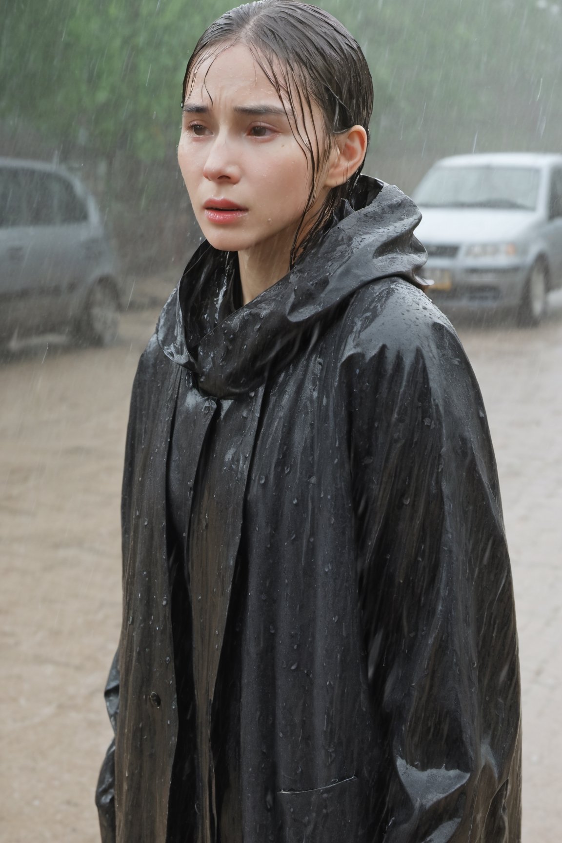 liona-xl woman, cry, tear,  (wet clothes),  feeling sad, stands in the rain, her tears mingling with the falling raindrops, masterpiece ,best quality, raw photo, detailed, Highest quality, portrait