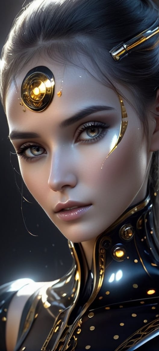 a black and Silver Gold dotted face of liona-xl with dots on it, in the style of futuristic space elements glamour, animated gifs, stefan gesell, algorithmic artistry, android jones, tim hildebrandt, pop art with a dark sine of the moon Blade runner star child side consumer culture