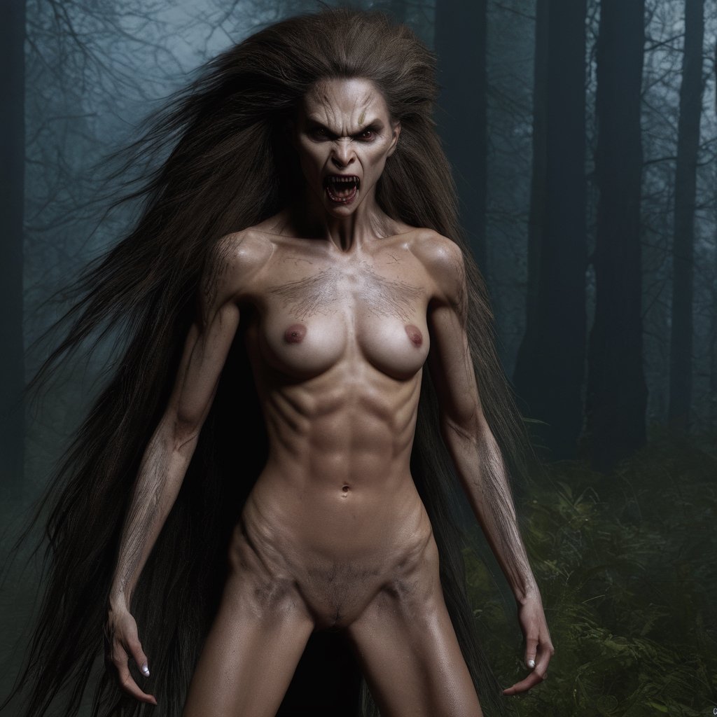 (masterpiece), best quality, expressive eyes, perfect face, ultra realistic, highly detailed, 8k, hyper realistic, masterpiece, intricate details, ((((full body view)))), 1, one liona-xl woman nude werewolf, beautiful female face, great human body with big breasts, open mouth with fangs, lots of ((hair on the body)), ((hands with claws)), ((attack pose)), dark forest in the moonlight,photo r3al