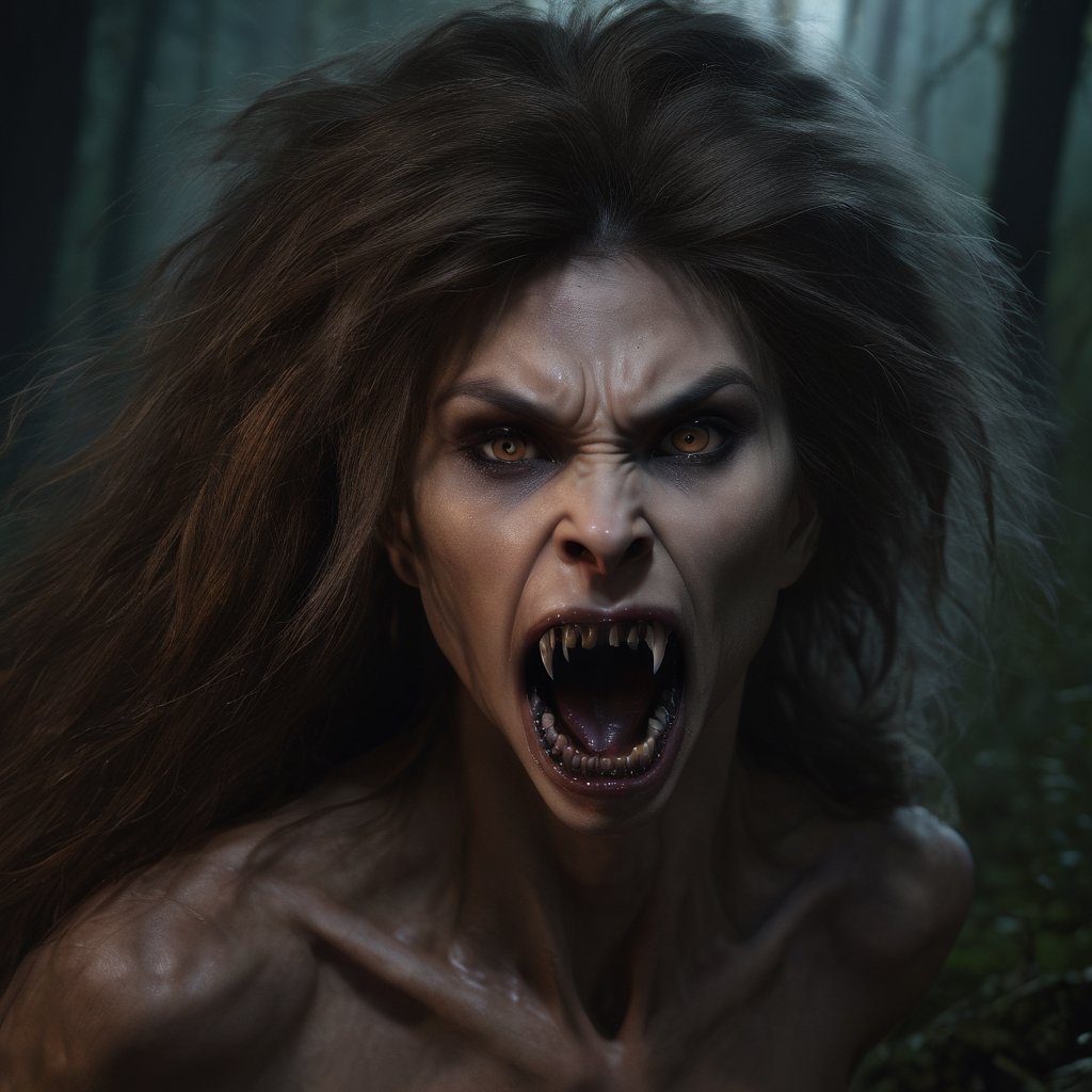 (masterpiece), best quality, expressive eyes, perfect face, ultra realistic, highly detailed, 8k, hyper realistic, masterpiece, intricate details, ((((full body view)))), 1, one liona-xl woman nude werewolf, beautiful female face, great human body with big breasts, open mouth with fangs, lots of ((hair on the body)), ((hands with claws)), ((attack pose)), dark forest in the moonlight,photo r3al