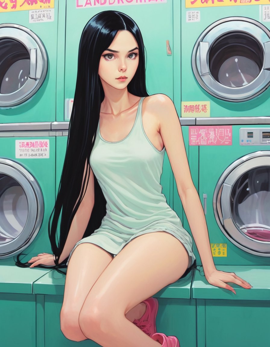 liona-xl woman, long black hair, bored, waiting at a laundromat, art by Junji Ito, art by Martine Johanna, anime network, anime style