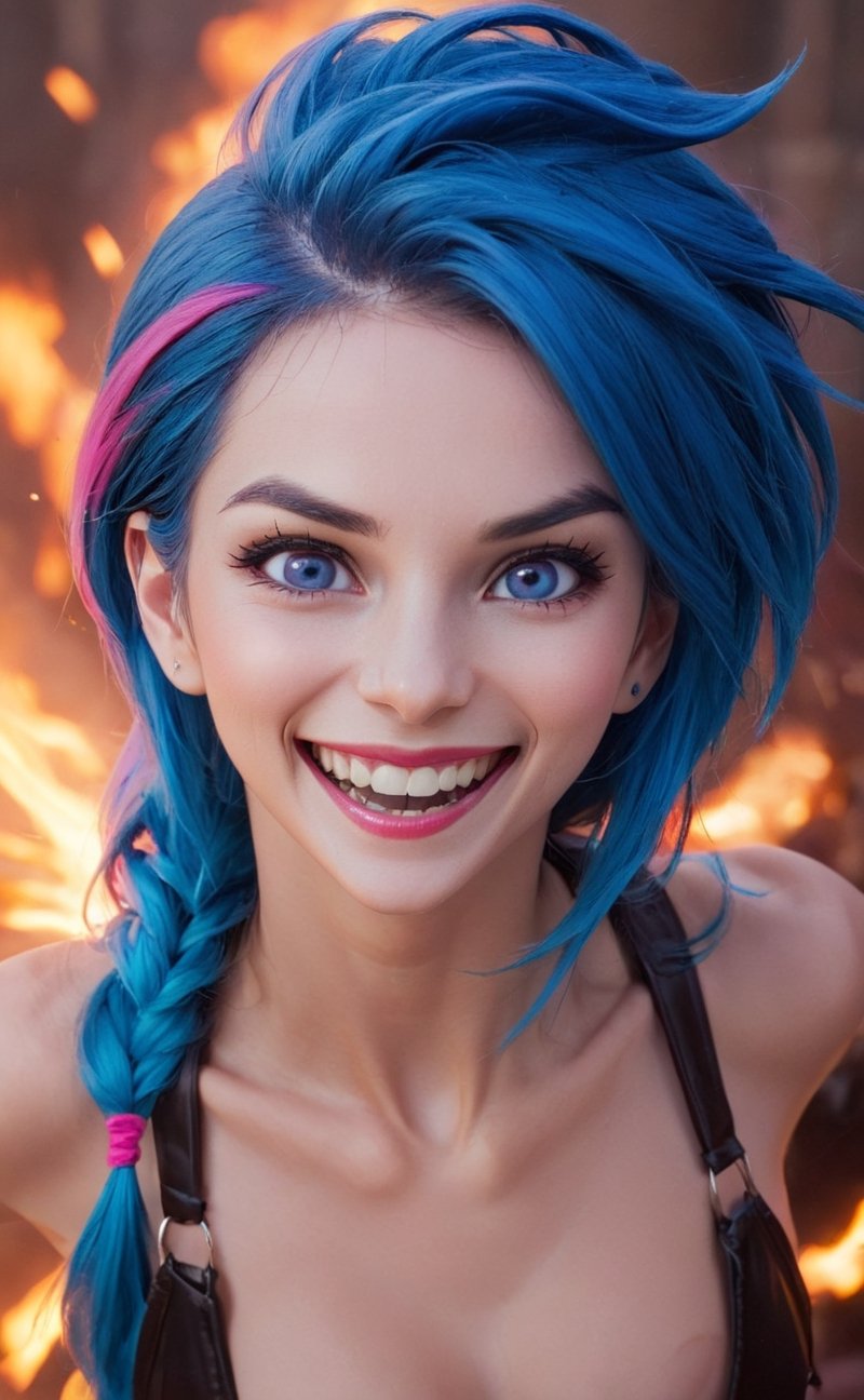 liona-xl woman as Jinx (league of legends), manic, mischievous, blue hair, pink eyes, big grin. fiery explosion-filled background | finely-detailed, perfect focus, sharp, vibrant, subject-background isolation, topless
