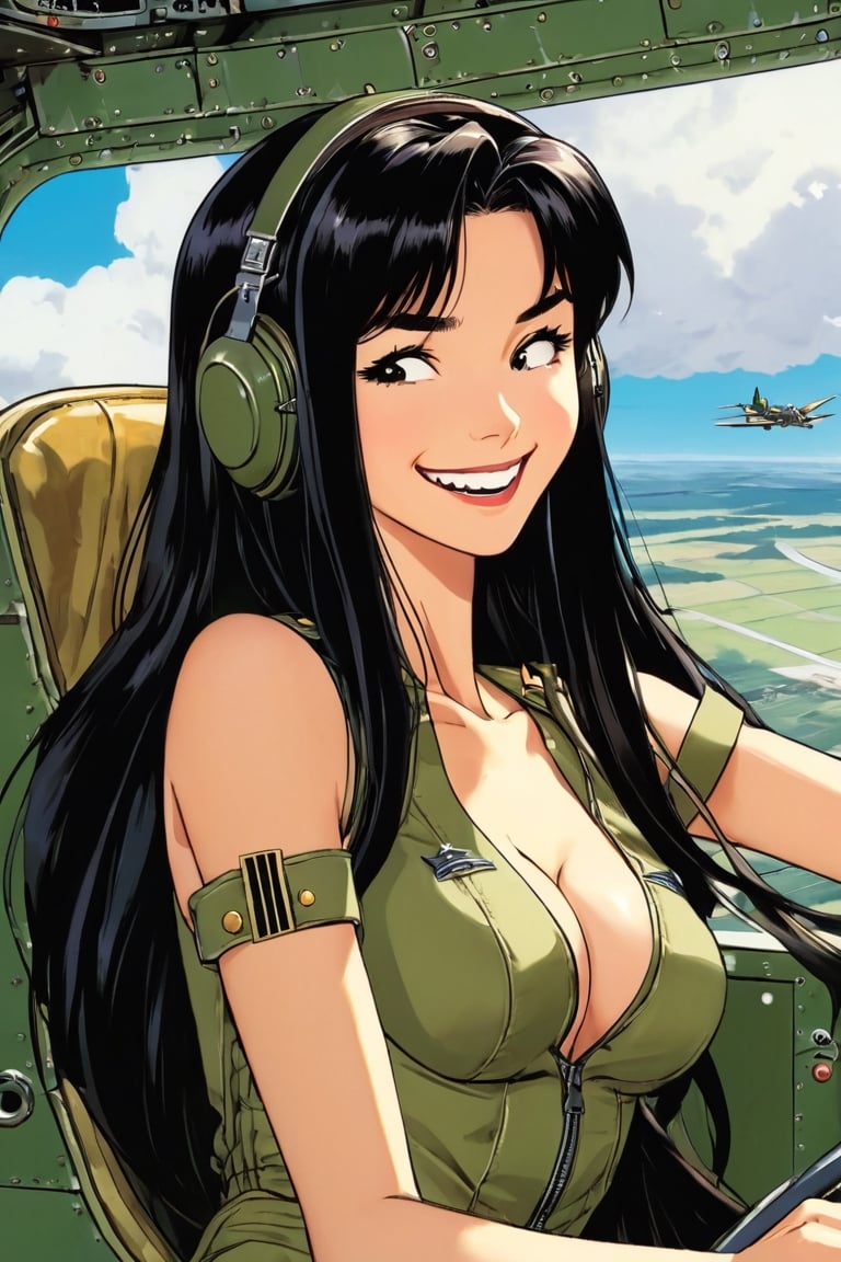 Anime Network, liona-xl Pilot, laughing, bored expression, very long black hair, inside WW2 airplane cockpit, art by Masamune Shirow, art by J.C. Leyendecker . anime style, key visual, vibrant, studio anime