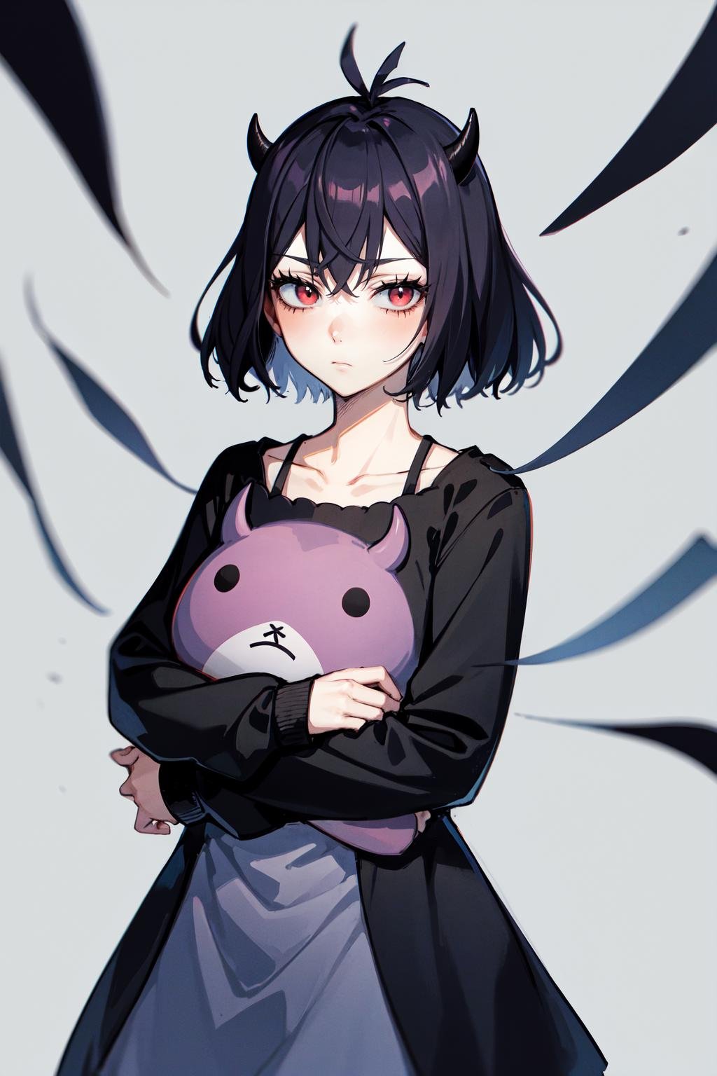 secre swallowtail, 1girl, white background, solo, looking at viewer, dress, long sleeves, closed mouth, collarbone, holding, expressionless, demon horns, object hug<lora:AOMv2_hard_accent:0.5>,<lora:Nero:1>, 