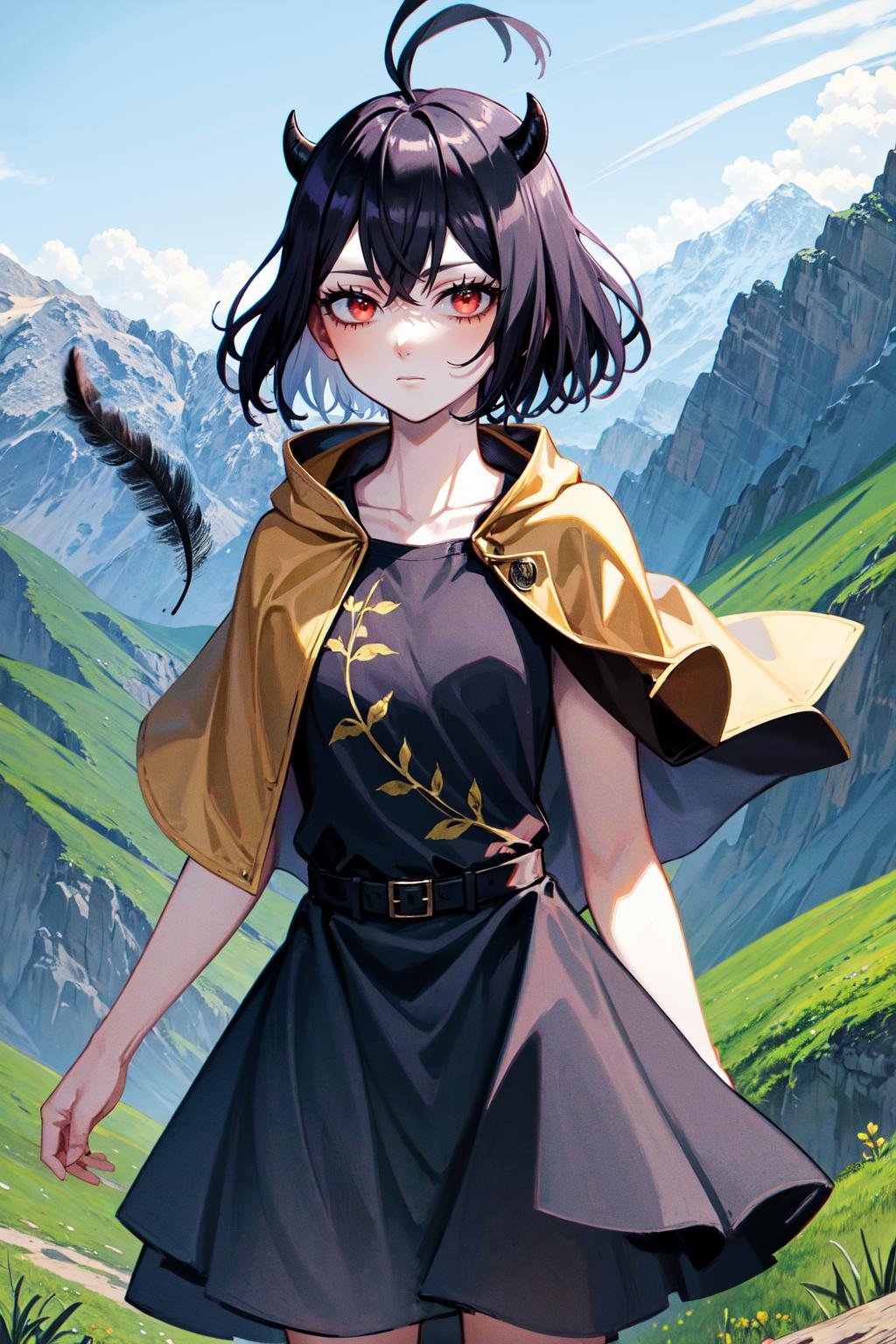 secre swallowtail, 1girl, solo, dress, capelet, black dress, feathers, black capelet, looking at viewer, collarbone, black feathers, closed mouth,ahoge, cowboy shot,mountains,scenery<lora:AOMv2_hard_accent:0.5>,<lora:Nero:1>, 