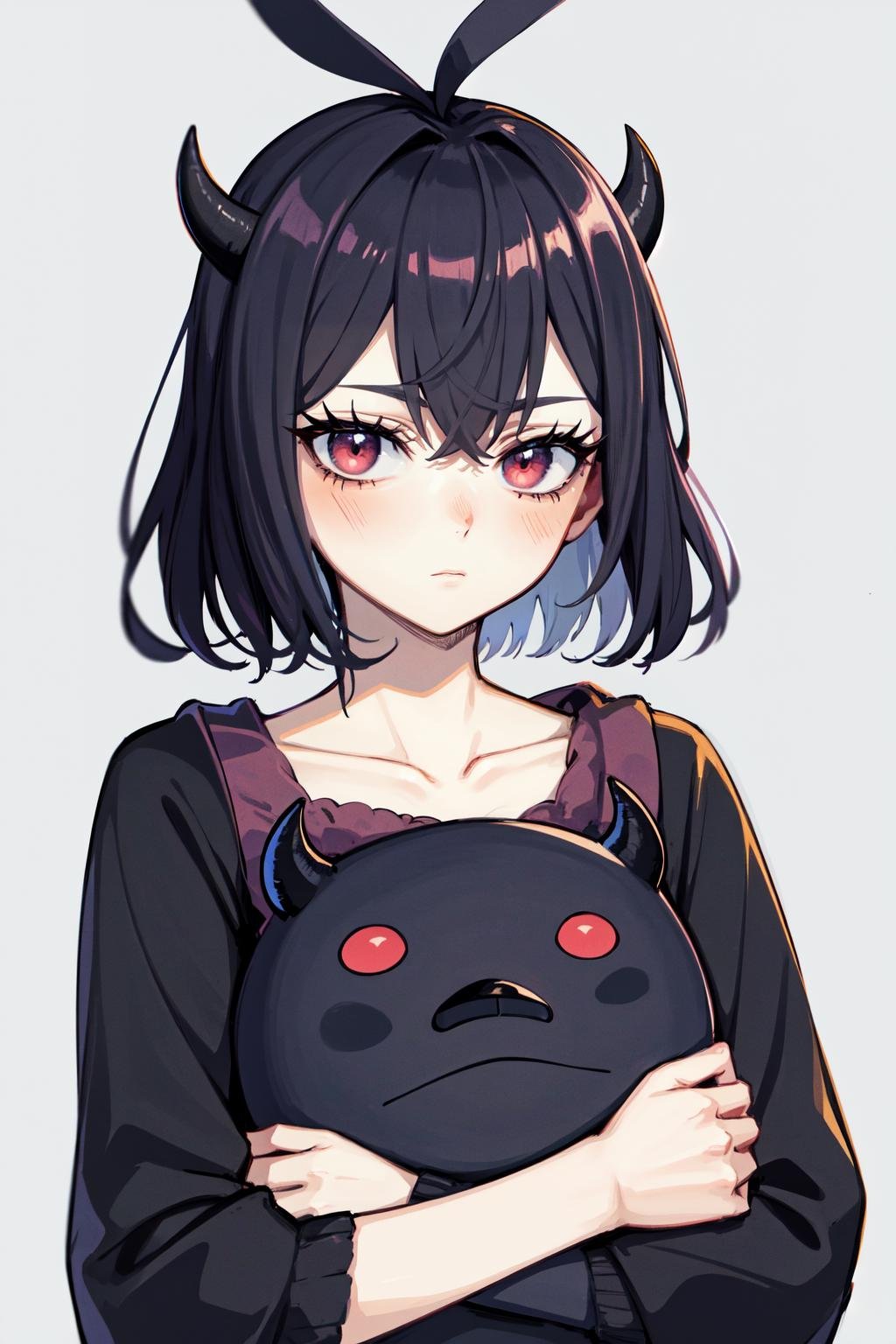 secre swallowtail, 1girl, white background, solo, looking at viewer, dress, long sleeves, closed mouth, collarbone, holding, expressionless, demon horns, object hug<lora:AOMv2_hard_accent:0.5>,<lora:Nero:1>, 