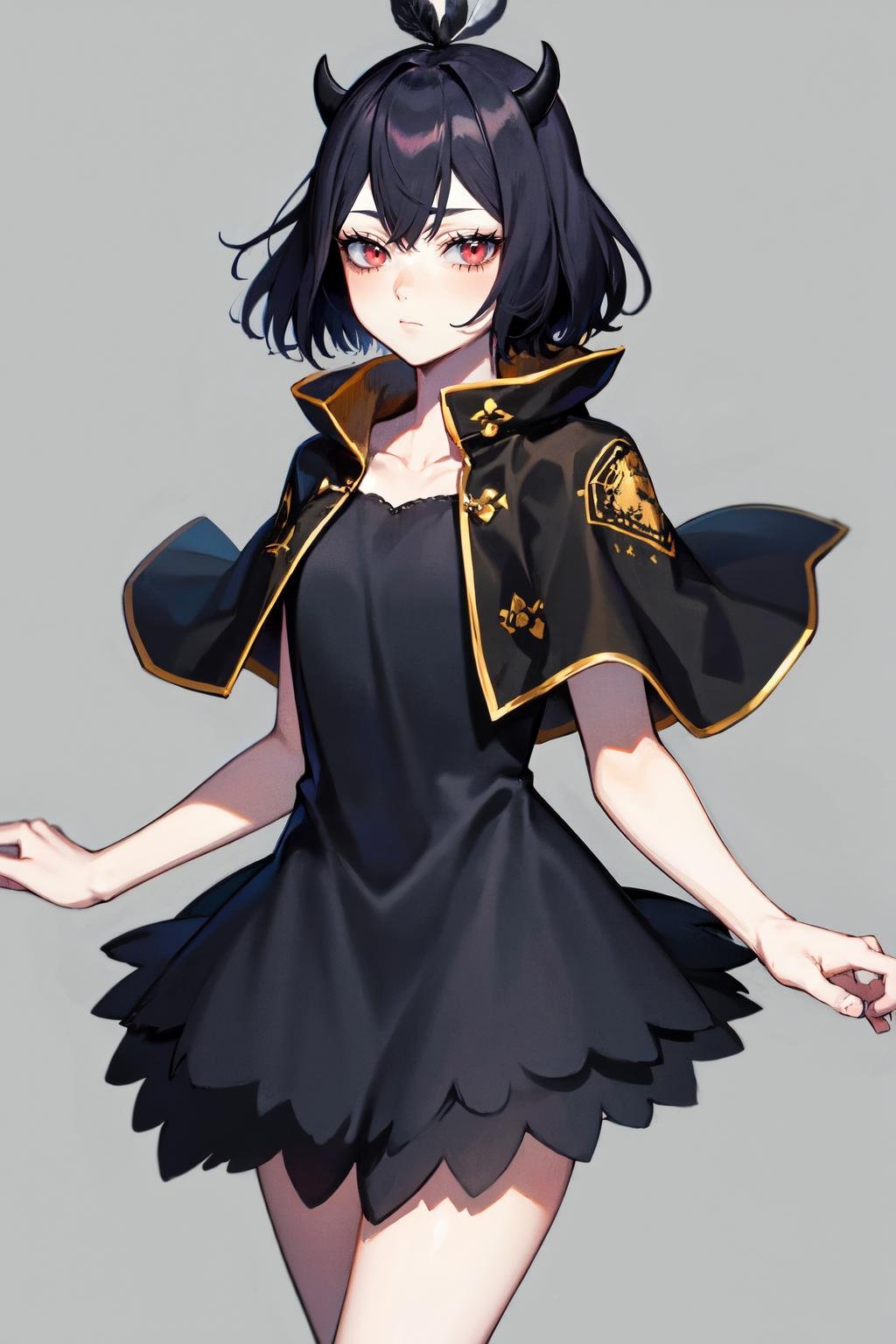 secre swallowtail, 1girl, solo, dress, capelet, black dress, feathers, black capelet, looking at viewer, collarbone, black feathers, closed mouth, cowboy shot<lora:AOMv2_hard_accent:0.5>,<lora:Nero:1>, 