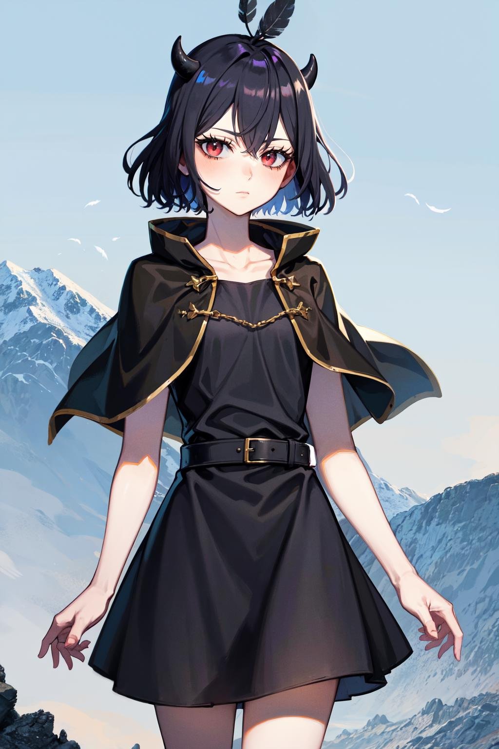 secre swallowtail, 1girl, solo, dress, capelet, black dress, feathers, black capelet, looking at viewer, collarbone, black feathers, closed mouth, cowboy shot,mountains,scenery<lora:AOMv2_hard_accent:0.5>,<lora:Nero:1>, 