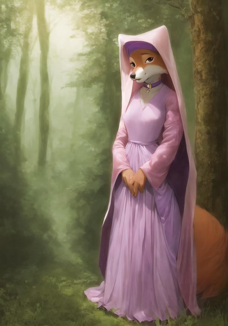 female furry anthro maidmarian fox, (best quality, masterpiece:1), (dress:1.2), headdress, choker, standing, tail, cute pose, detailed black eyes, (forest background:1.1), octane render,   <lora:maidmarian-v1-7th_furry:1.2>