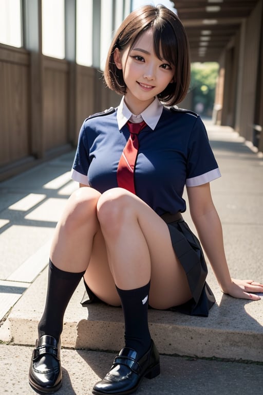8k,  Top-quality,  ​Masterpiece,  Realisitic,  dramatic lighting,  full_body,  solo. Cute girl,  Japan women,  A brown-haired,  straight short hair,  Slender girl,  big breasts, ((Short sleeve uniform white shirt)),(red necktie),(Blue Mini Pleated Skirt), (Black knee socks),(Loafer shoes), school uniform,  smile,  