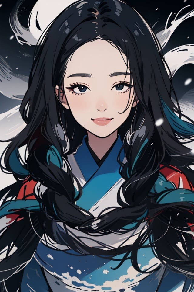 watercolor painting,masterpiece,best quality,1girl,smile,(wear cyan hanfu:1),black and blue swirling vortexes black cloudy and smoke and black background,(snowing) (( swirling vortexes black and blue hair)),((long Hair)),((right side)),emotional face,close up,