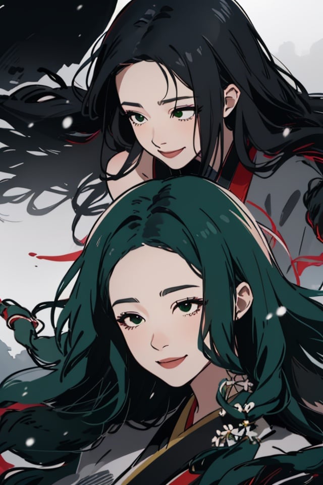 enji,watercolor painting,masterpiece,best quality,1girl,smile,(wear green hanfu:1),black and green swirling vortexes black cloudy and smoke and black background,(snowing),(( swirling vortexes black and green hair)),((long Hair)),((right side)),emotional face,close up,