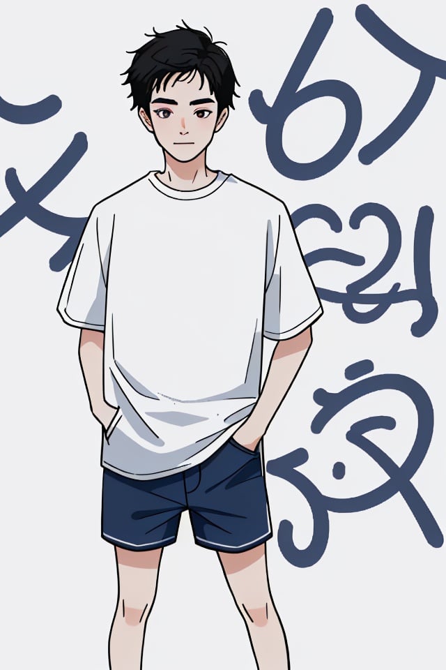 A boy with short black hair, white T-shirt, blue shorts, black sneakers, hands in pockets, white background, graffiti on the background,